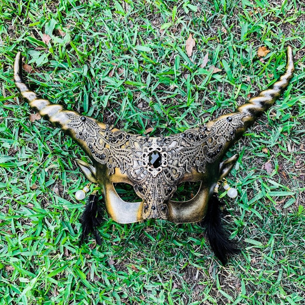 Gold Fairy Devil Horn with Earring Sexy Venetian Masquerade Women Party Mask